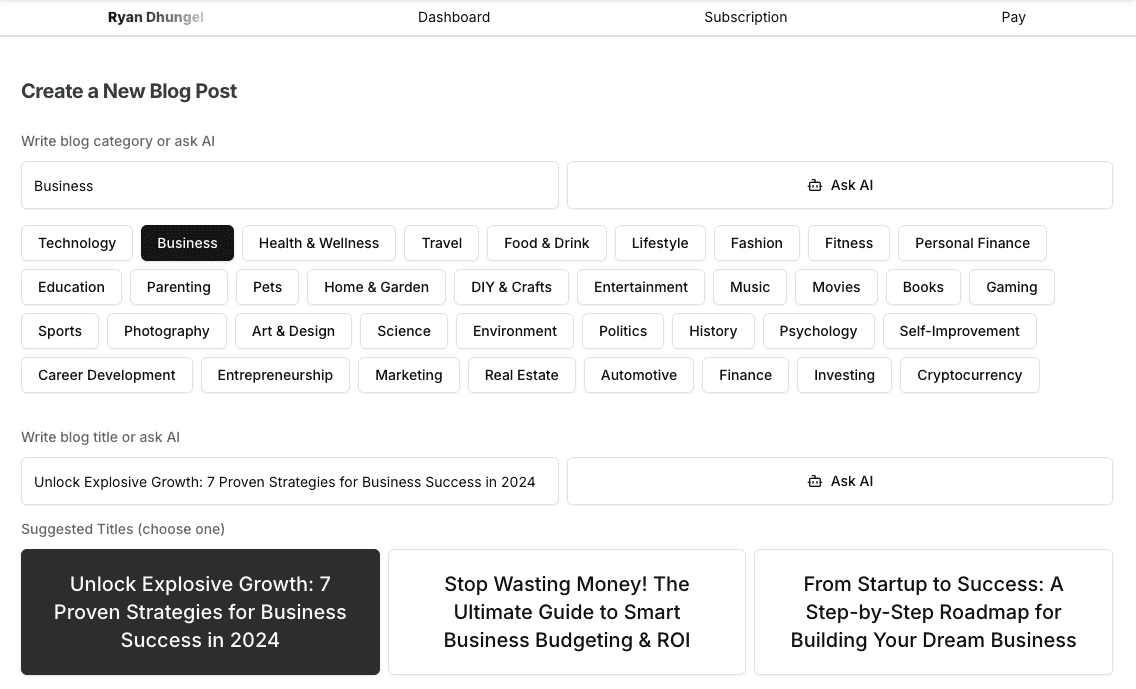 Ask AI for categories and titles suggestion
